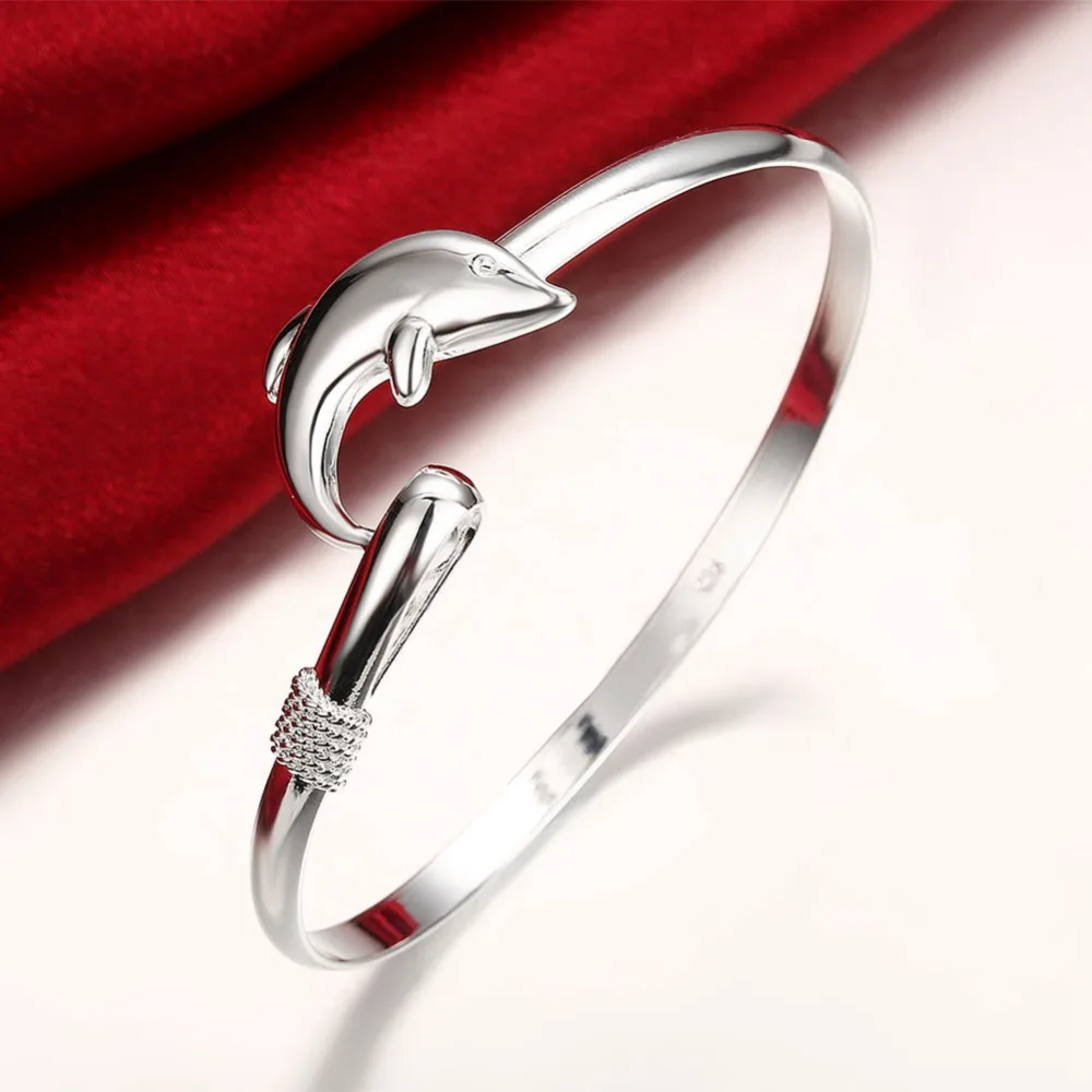 

925 sterling silver jewelry Lovely dolphin bangle cuff bracelet for women men's fine jewerly wholesale promotion