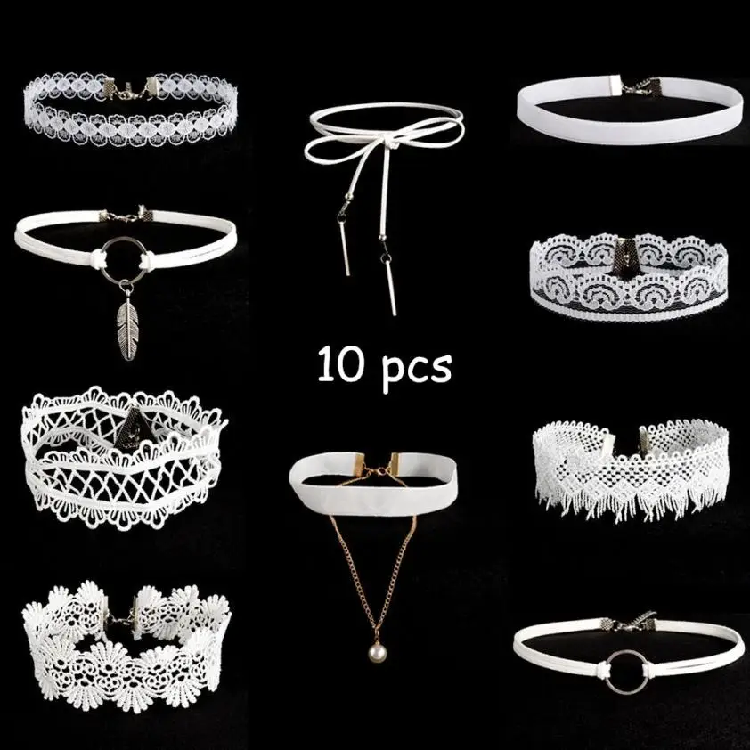 10 Pcs Choker Necklace Set Stretch Velvet  Gothic  Lace Retro Black UK SELLER 