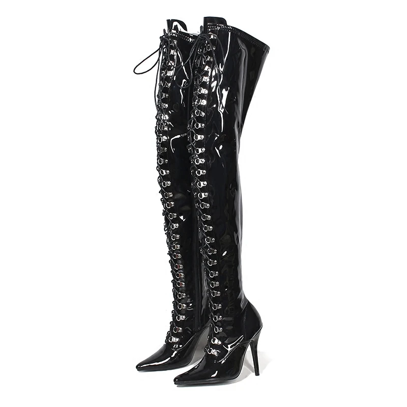 Boots Women Shoes High Heels Thigh Boots Glossy Leather Lace Up Fashion Over Knee Fenty Beauty Gothic Shoes Ladies Winter Boots