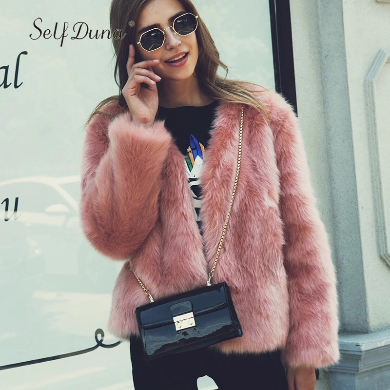 

Self Duna 2019 Winter Women Plus Size Faux Fur Coat Pink White Black Green Outerwear Fluffy Coat Warm Hairy Fake Fur Jacket