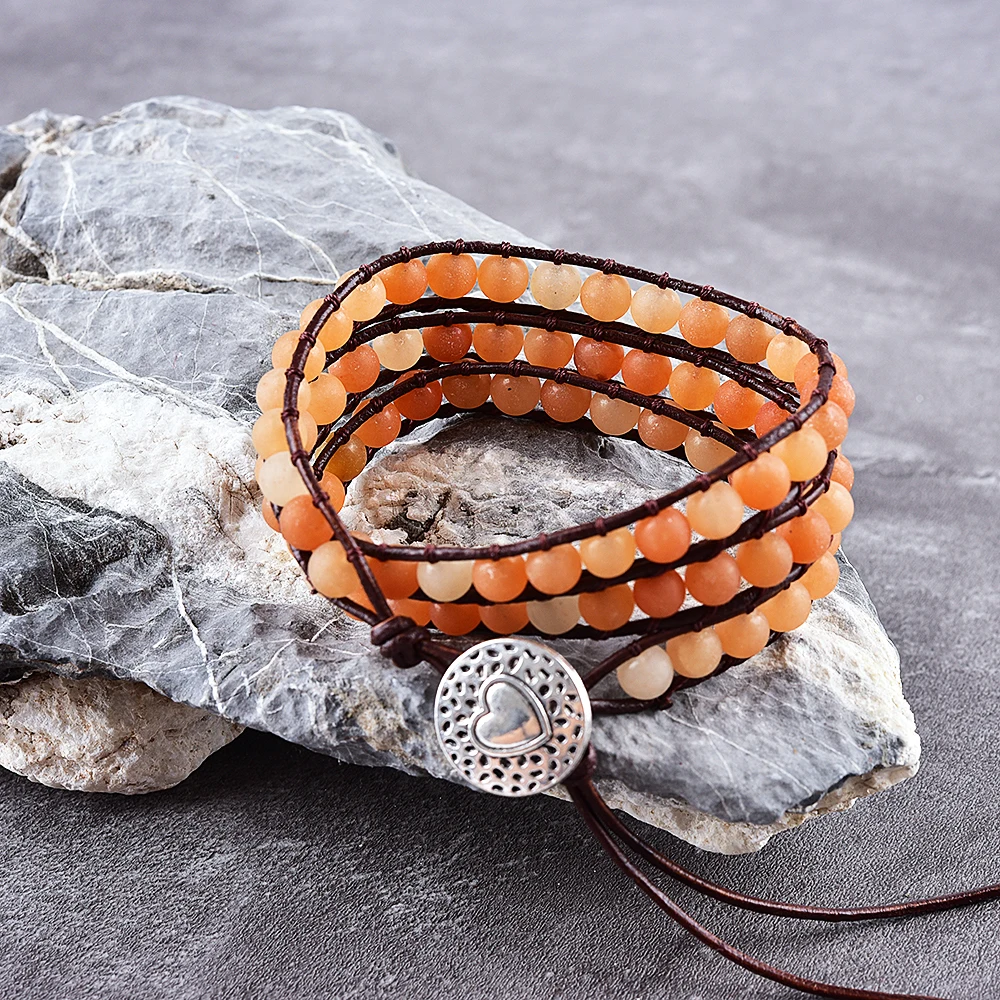 

Asingeloo Red Aventurine Leather Bracelets 6MM Matte Stone 3 Strands Wrap Bracelets Woven Multilayer Boho Bracelet Jewelry
