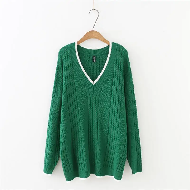 

Plus size V-Neck long sleeve women Knitted pullover 2018 new fashion green ladies sweater wool female 5XL