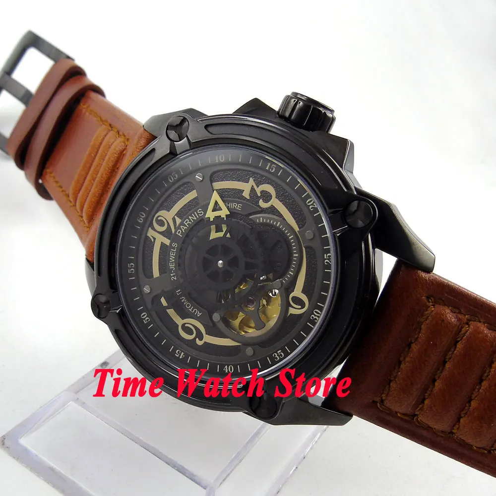

Parnis 44mm black dial sapphire glass brown leather strap PVD case 5ATM Golden MIYOTA Automatic Men's watch 673