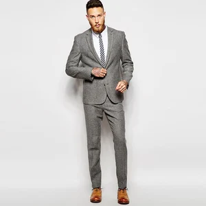 Grey Suit Tweed Vintage Men Suits for Wedding 2 Pieces Formal Groom Tuxedos Male Suits Blazers Slim Fit Jacket
