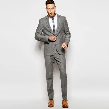 Ceny Zimowy Szary Garnitur Tweed Vintage Garnitury Męskie Na ślub 2 Kawałki Formalne Smokingi Dla Pana Młodego Przystojny Garnitury Męskie Marynarki Dopasowana Obcisłą Marynarka