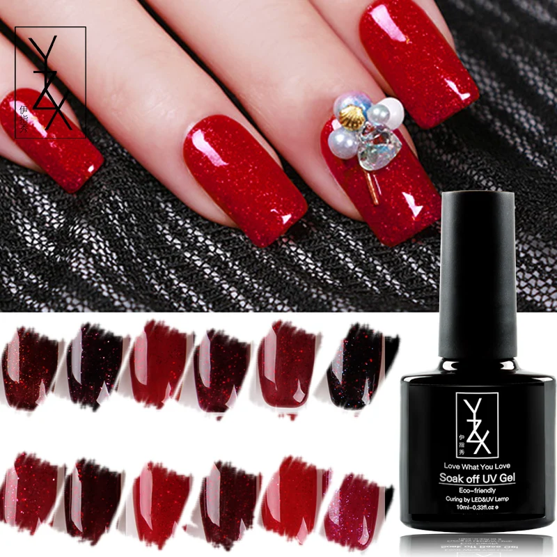 

YiZhiXiu 1pcs 10ml Wine Red Varnish Soak Off UV Gel Polish Lacquer Grape Glitter Enamel Long Lasting for Beauty Nail 12Colors