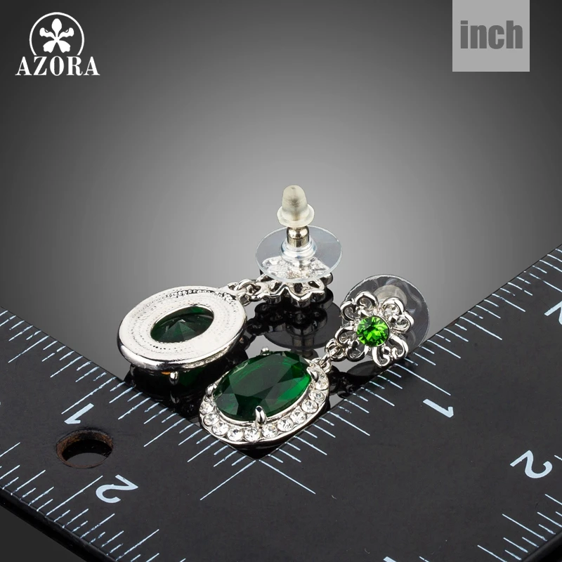 AZORA White Gold Color Oval Green Cubic Zirconia Flower Drop Screw Back Earrings TE0280