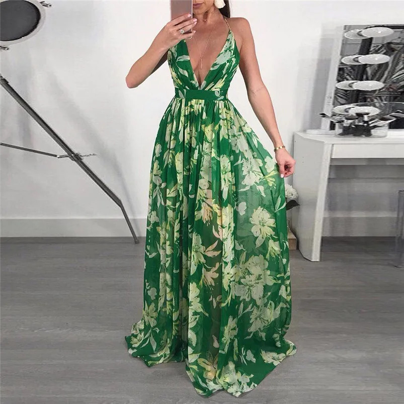 HOT summer dress 2018 beach dress Women Sexy Floral Printed V-Neck Sleeveless Chiffon Evening Party Long Dress vestidos J08#N (10)