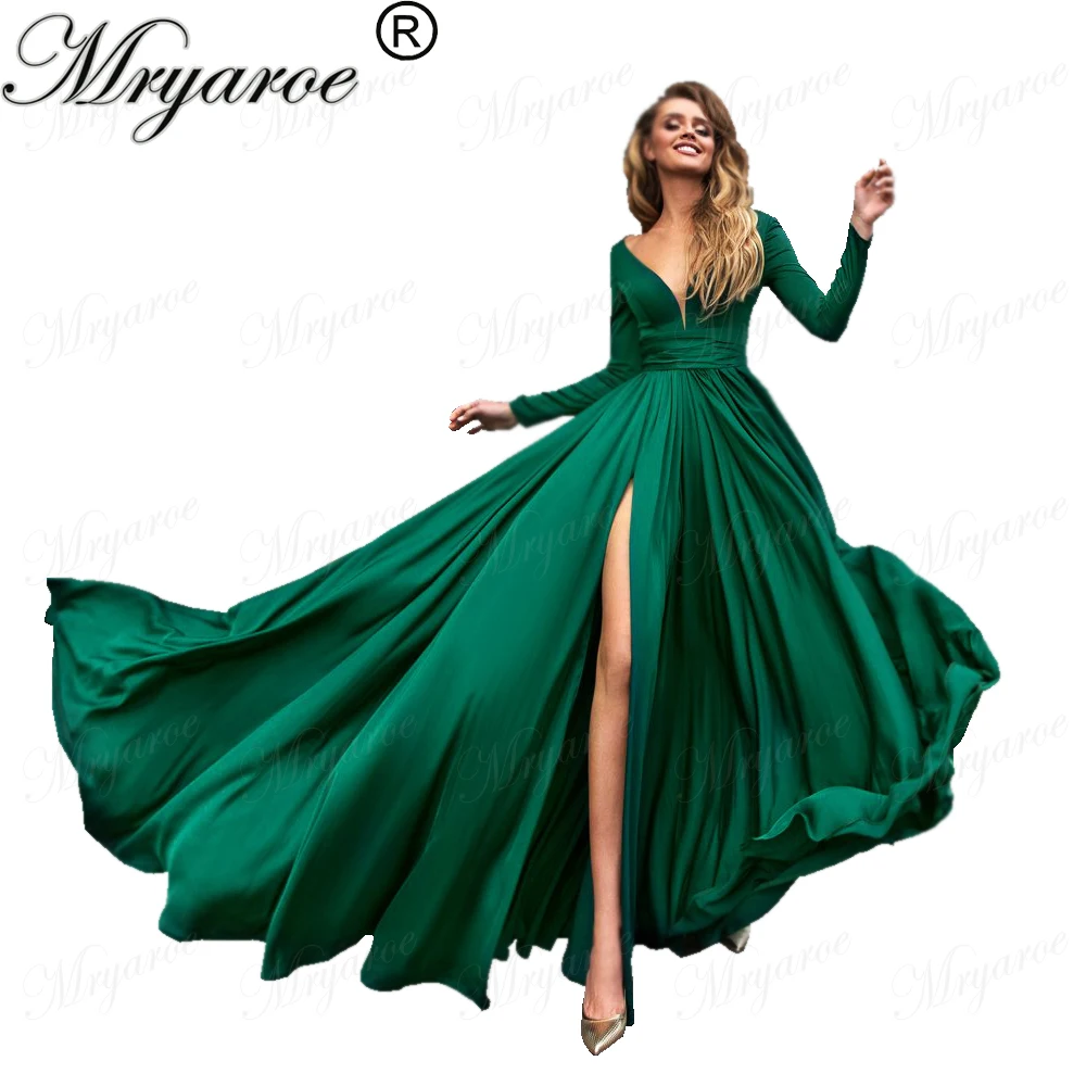 

Mryarce Sexy Deep V Neck Long Sleeves Green Evening Dress With High Split Stretchy Elegant Special Occasion Formal Gowns