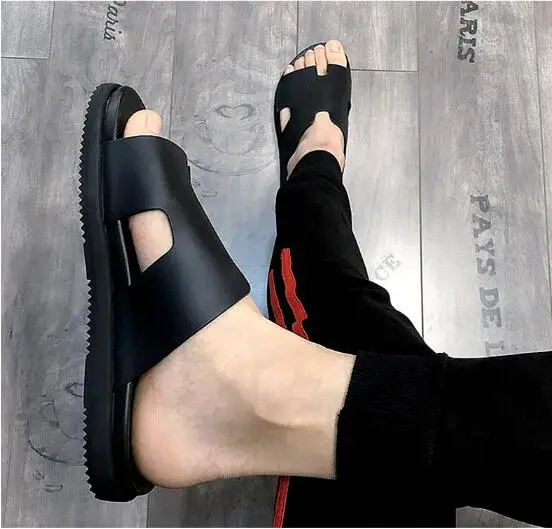 

Summer Genuine leather Men H Letter Slippers Thick Heels Fashion Hot Mens Summer Beach Slides Man Gladiators