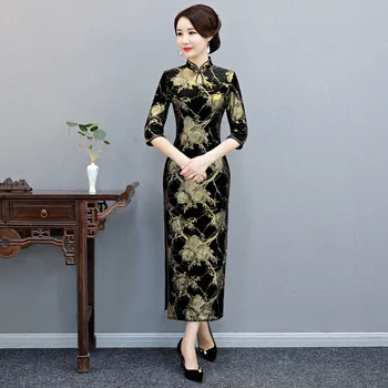 

2020 New Gold Long Cheongsam Woman Wedding Evening Party Dress Vintage Print Floral Slim Qipao Velvet Vestidos Big Size 3XL