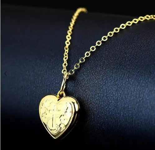 

Embossed Cross Printing Heart Photo Locket Necklace With Engraving Gold Plated