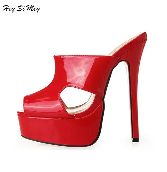 

Woman Slippers Female Ultra-high-heeled 16cm Platforms 2018 New Models Women's Shose Thick Sandals Patent Leather Large Size