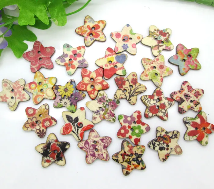 

100Pcs 25mm Mixed Star Flower Pattern Wooden Buttons For Clothes Craft Sewing Decorative Needlework Scrapbooking DIY Accessories