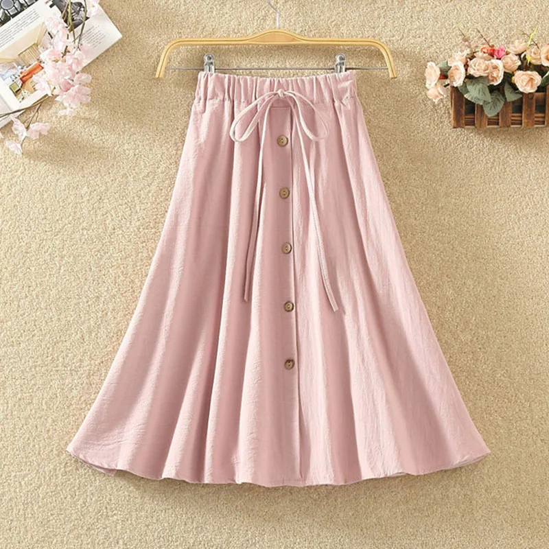 

Summer Women Midi Skirt Casual Stretch High Waist Knee-length Skirts Womens Spring Pure Color Pink Korean School Skirt Female