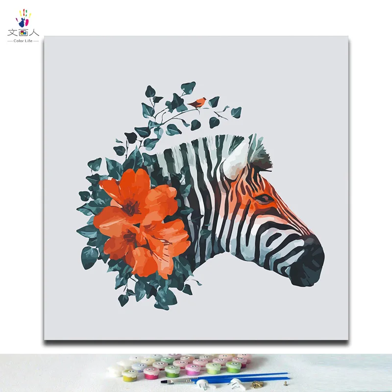 

DIY Painting by numbers Abstract zebra head and red flower picture coloring paints by numbers with kits for adults kids paint