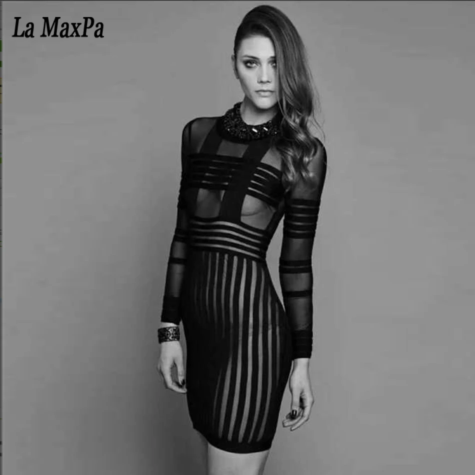 2019 New summer Black sexy Dress Long Sleeve Patchwork Hollow Out Pencil Bodycon Female Mesh Perspective bandage Dresses | Женская