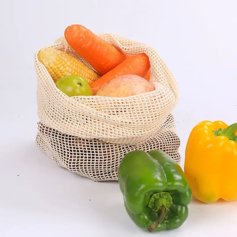 

2pcs Reusable mesh bag Drawstring Cotton Washable Fruit Vegetable Storage Bags