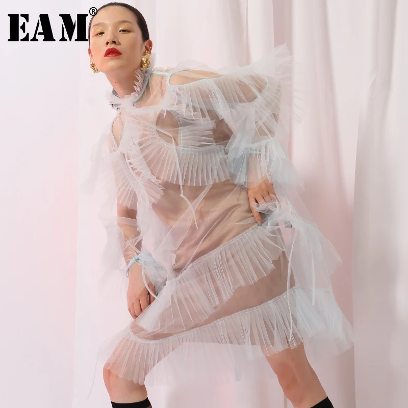 

[EAM]2019 New Spring Stand Collar Long Sleeve Blue Transparent Ruffles Pleated Split Joint Dress Women Fashion Tide JG624