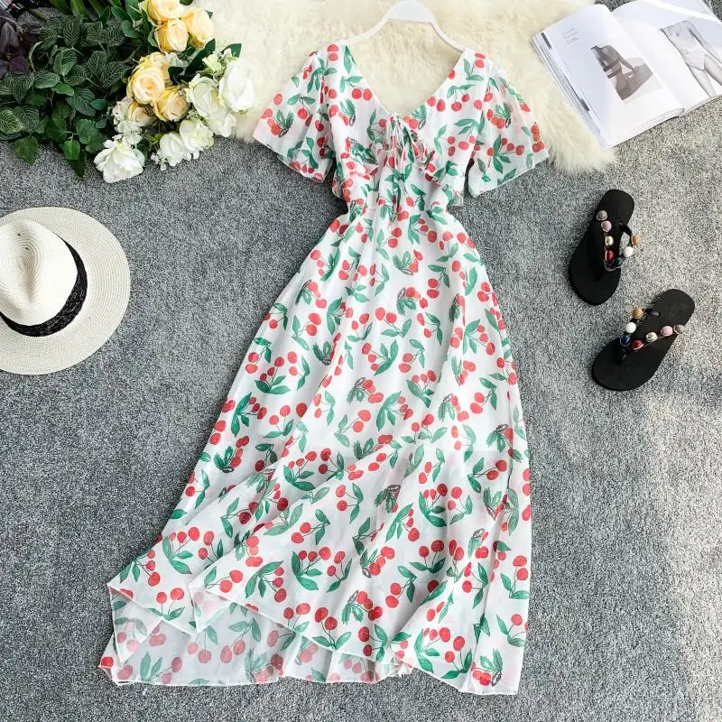 

One Size Women's Summer Dresses Short Sleeve Lovely Cherry Pattern Vestidos Maxi Long Dress for Women Beach Holiday