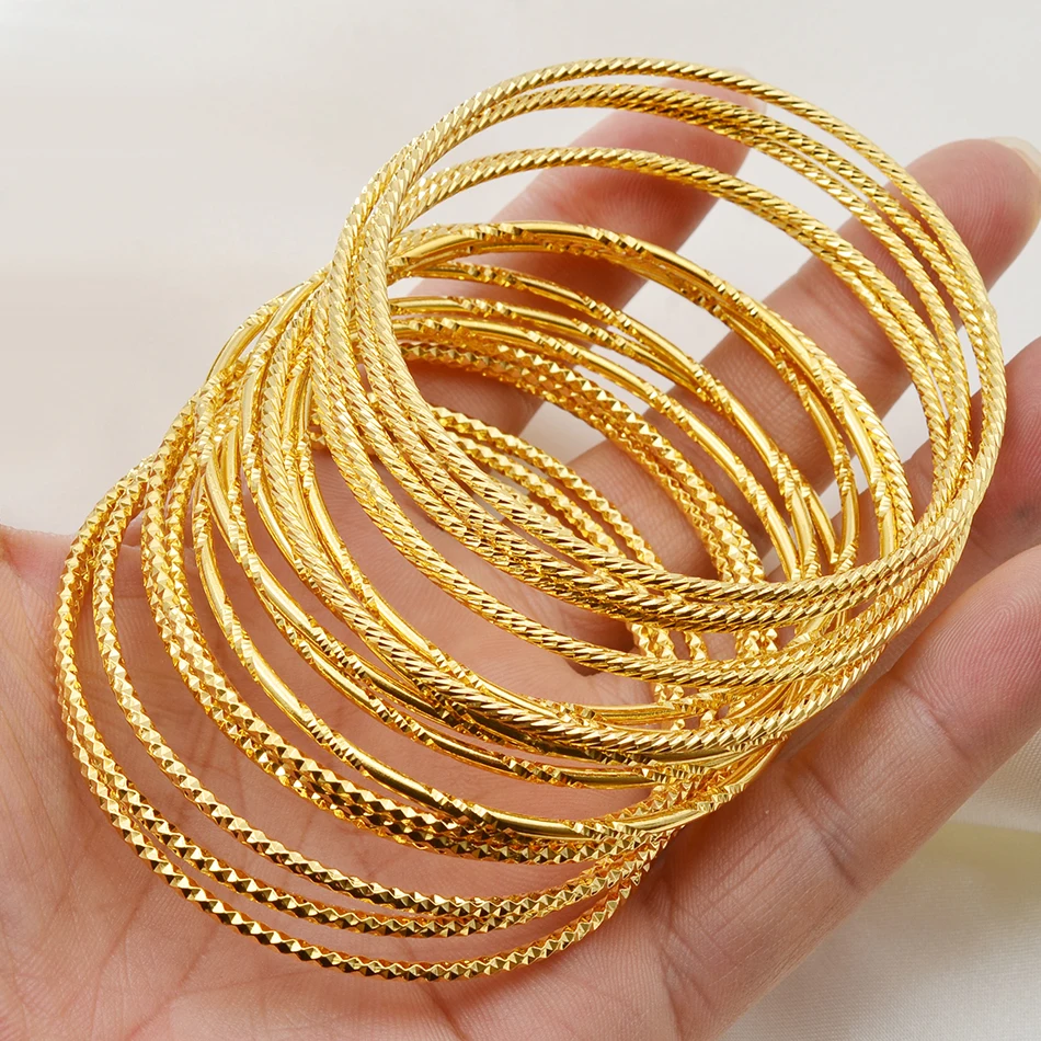 6pcs/lot African Gold Color Shiny Bangles for Women Girls Dubai Circle Bracelet Jewelry Ethiopian Bride Wedding #013707 bangle bracelet zirconia bangle snake bangle bracelet