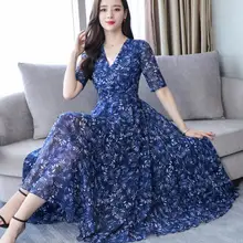 Новое поступление размера плюс M-4XL Элегантное длинное шифоновое платье с v-образным вырезом и цветочным принтом с коротким рукавом высокого качества