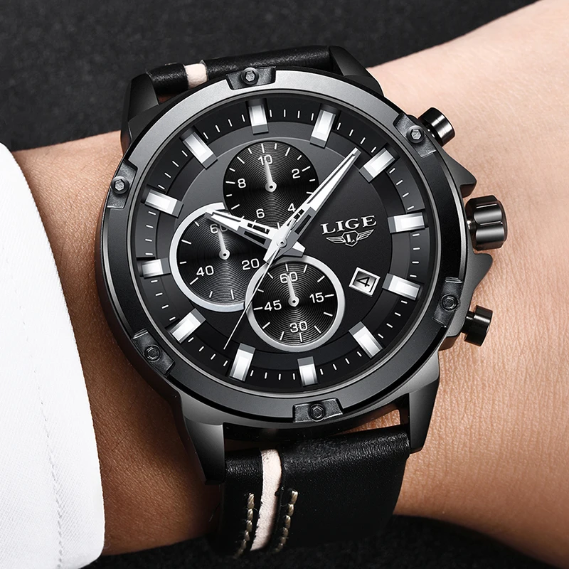 2018 New LIGE Top Watch Men All Black case Casual Leather Quartz Wristwatch Military Waterproof Sopor Watches Relogio Masculino