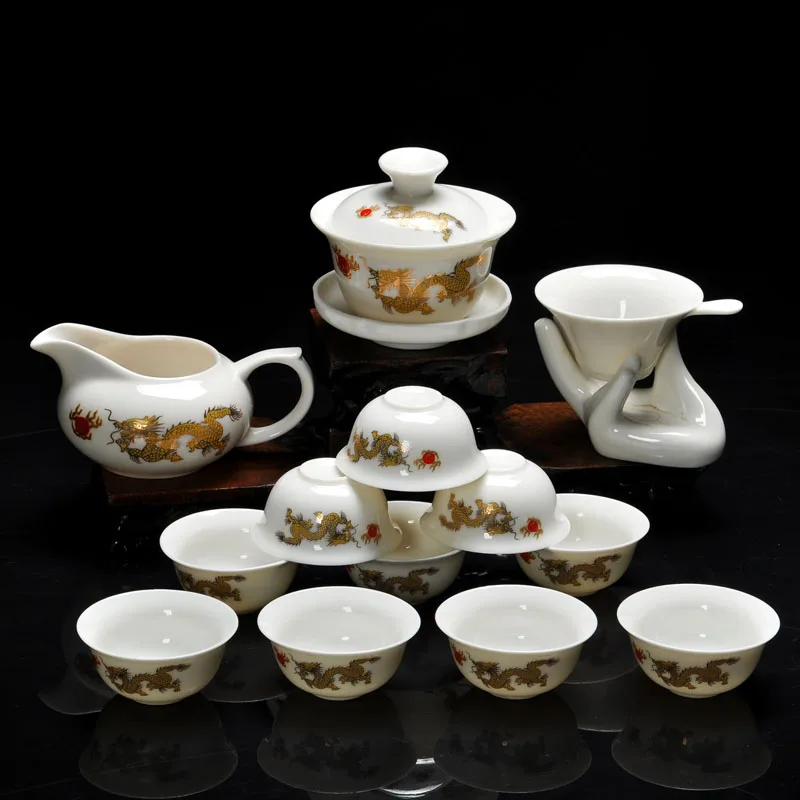 14 Pieces Kung Fu tea set,Chinese Pattern Include White Glazed Ceramic Porcelain Dragon 10pcs Tea Cups and Teapot