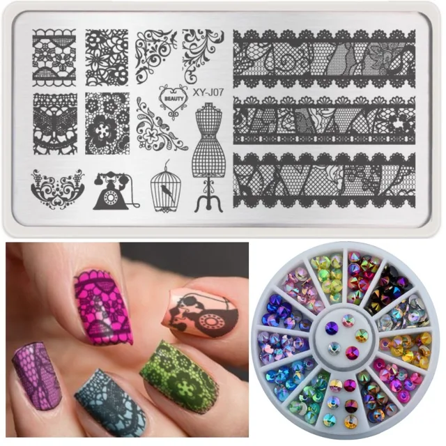 DIY Nail Art Plate Stamp Stamping Set+Colorful Sharp Crystal AB 3d Nail Rhinestone Wheel Manicure Nail Art Tips Decoration Tools
