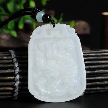

Natural Stone White Jade Animal Necklace Pendant Afghan Jade Dragon Pendant Carved Men Women Neck Jewels Zodiac Dragon size 38*5