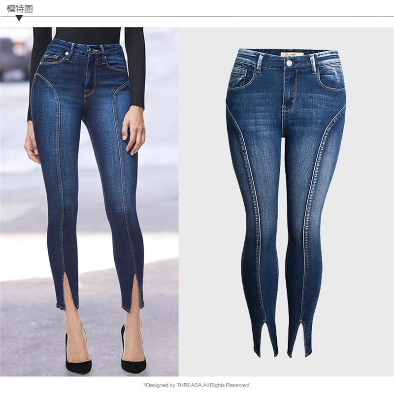 

New Middle Waist Elastic Split Trousers Foot Europe And The United States Tide Models High Quality Wash Nine Points Jeans