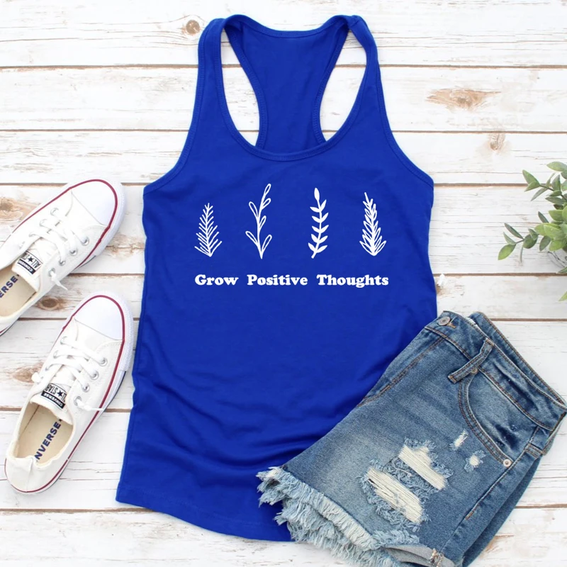 

New Summer Grow Positive Thoughts Plants Print Tank Tops Stylish Women's Racerback Workout Tanks Positivity Mental Health Shirt
