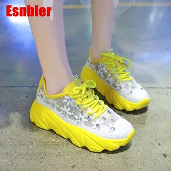 

Women's Shoes White Sneaker Women Platform Thin Mesh Breathable Rhinestone Lace-up Summer Flower Ladies Shoes Sneakers