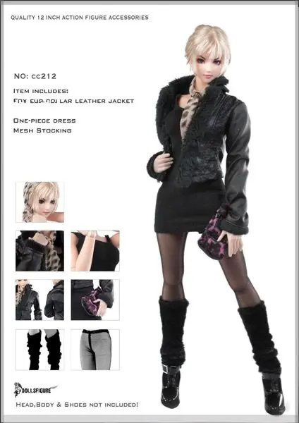 

1/6 Scale cc212 Women's Black Plush Leather Coat Dress Stockings Clothes Suit Models for 12'' Figures