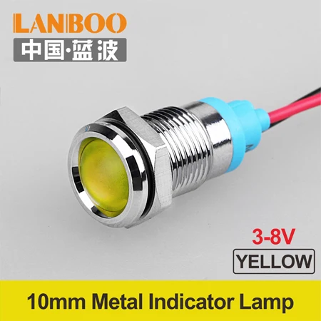 LANBOO 10 мм металлический плоский круглый светодиодный индикатор 3-8V 9-24V 220V одноцветная цветная лампа с кабелем 150 мм - Цвет: 10mm-YELLOW-(3-8V)