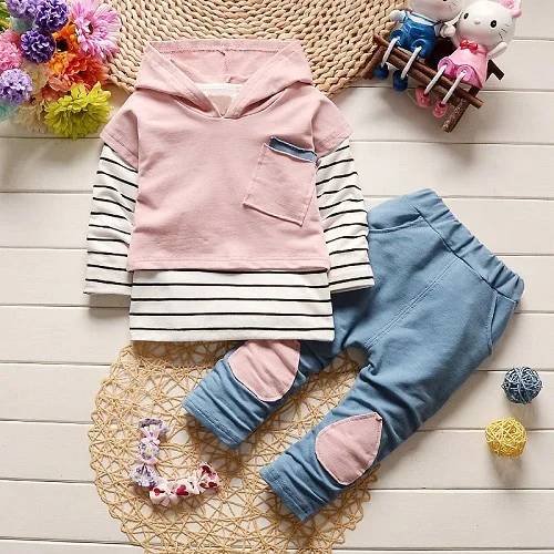 Весенняя футболка в полоску для маленьких девочек+ жилет с капюшоном+ брюки спортивные костюмы для мальчиков, комплекты для малышей Костюмы из 3 предметов conjunto roupas de bebe - Цвет: Розовый