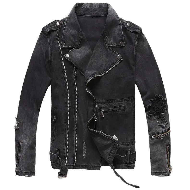 Men's Motorcycle Biker Denim Jacket Ripped Distressed Zipper Retro Slim