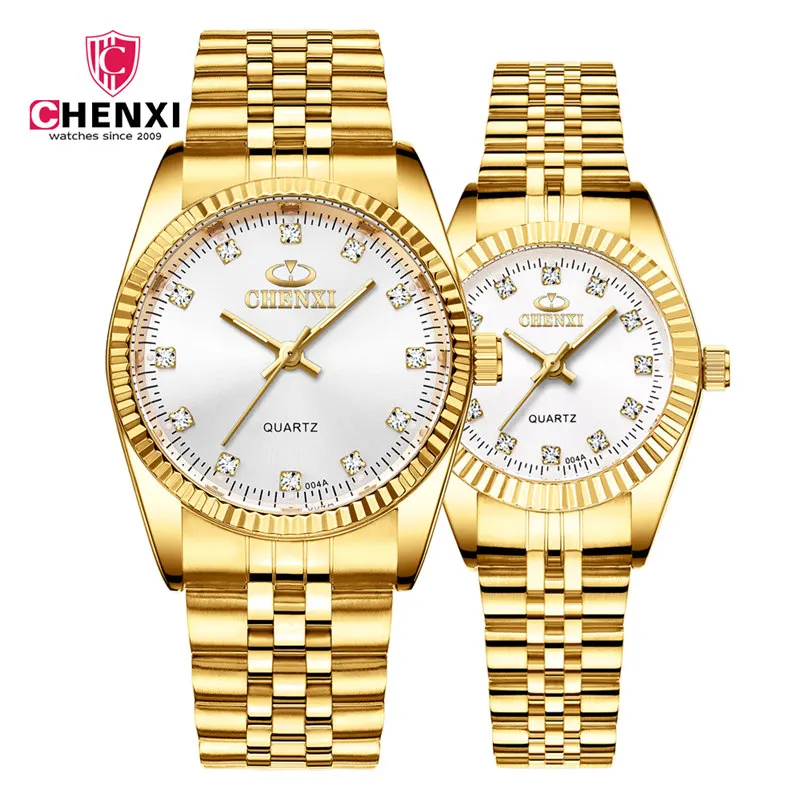 Золотые часы для любителей наручных часов CHENXI Топ бренд класса люкс часы комплект водонепроницаемые часы мужские часы со стразами женские часы пара Relogio - Цвет: Белый