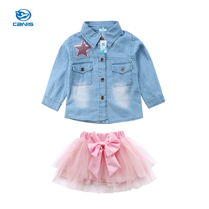 

Fashion Kid Baby Girls Clothing Long Sleeve Jeans Denim Tops T-shirt Shirt+Lace Bowknot Tulle Pink Skirt 2pcs Set Outfits 1-6T