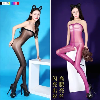 

New Sexy Candy Colors Plus Big High Waist Shiny Glossy Oil Stocking Open Crotch Bodysuit Pantyhose Tight Erotic Sexy Lingerie 10