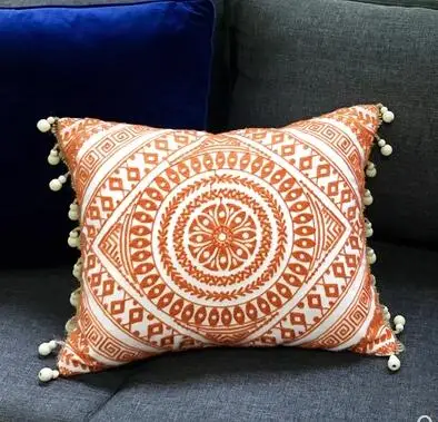 

Moroccan wooden bead orange cushion cover fringes pillow case retro throw pillow cover backrest home decoration