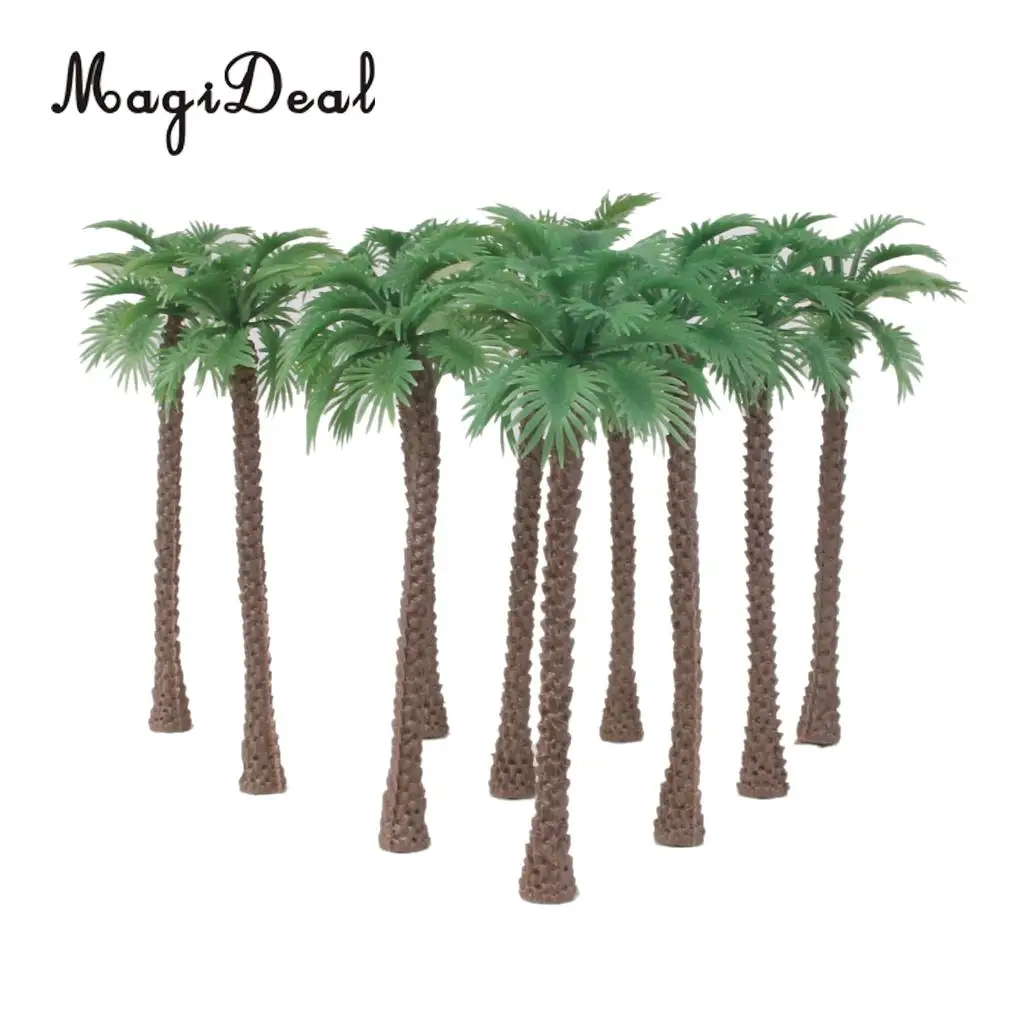 10Pcs Green Plastic Model Trees Artificial Palm Trees Rainforest Beach Sea Scenery Layout Landscape Toys for Children 1:65 14cm
