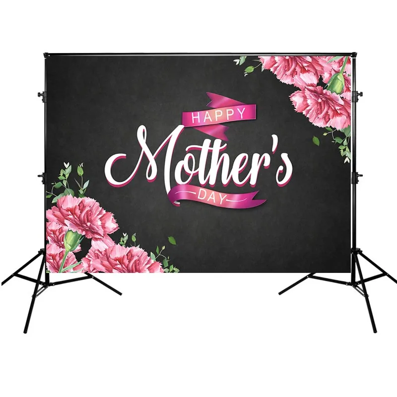 

Happy Mother's Day Photography Backdrops Red Flowers Background for Mother Black Backdrop for Photo Shoot