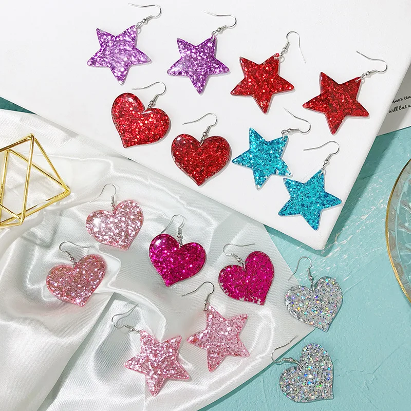 Cute Blingbling Glitter Heart Star Drop Danggle Earrings Fashion Shiny Korean Pentagram Star Love Earrings For Women Girls Gift
