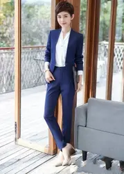 Мода синий/черный Для женщин брюки костюмы Бизнес тонкий пиджак с брюки Офис интервью плюс Размеры рабочие костюмы B292