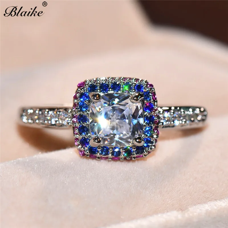 Blaike 0.8ct AAA циркон квадратный камень кольца для женщин 925 серебро Розовый Синий Кристалл Женское Обручальное кольцо Свадебные украшения