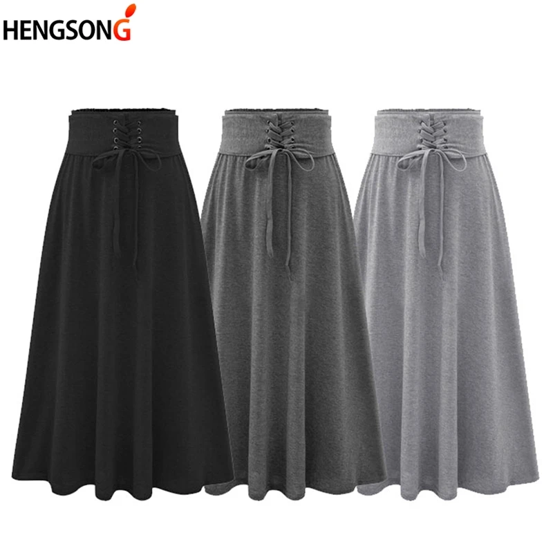 Новая модная женская плиссированная Однотонная юбка средней длины с высокой талией, Женская универсальная юбка до середины икры на шнуровке