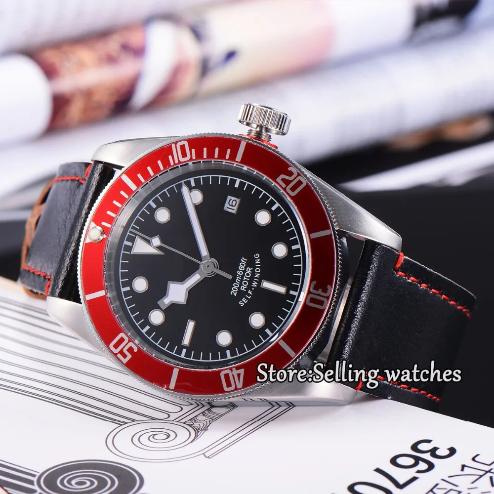 

41mm corgeut black Sterile dial red bezel date Sapphire Glass Luminous mechanical Automatic Mens Watch