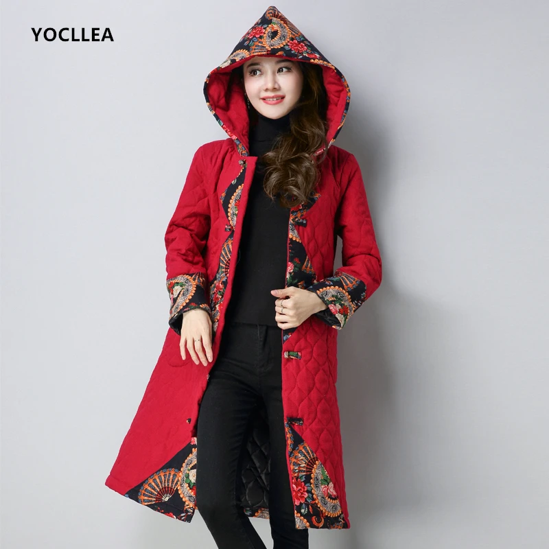 

Warm Autumn Winter Hooded Parkas Coat Women vintage Print Patch Designs Long Cotton Linen Parka mujer plus size Casual Coats