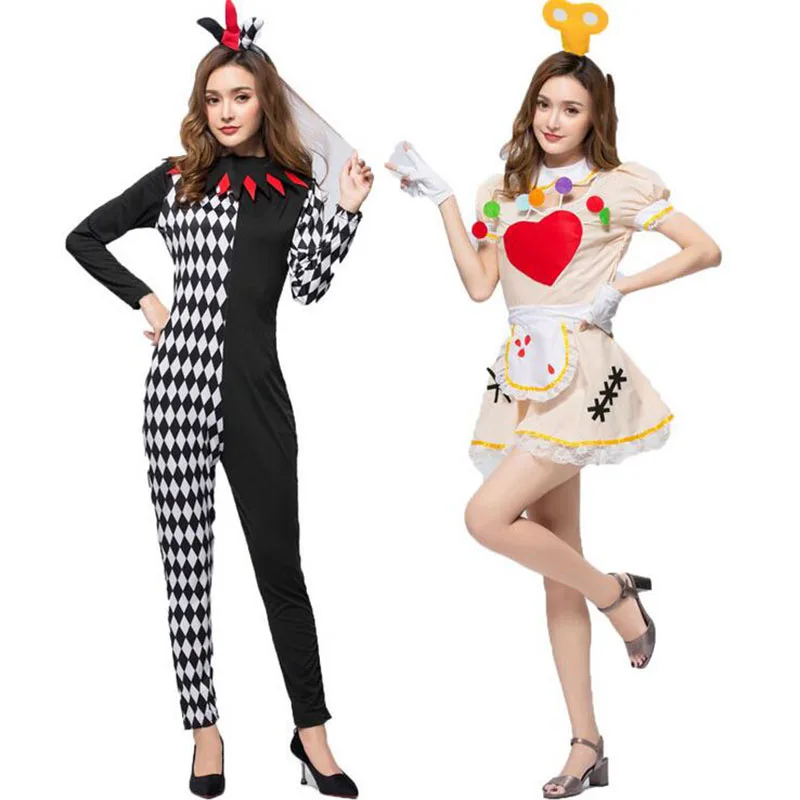 Harlequin Jester Circus Clown Black Red Wavy Costume Wig